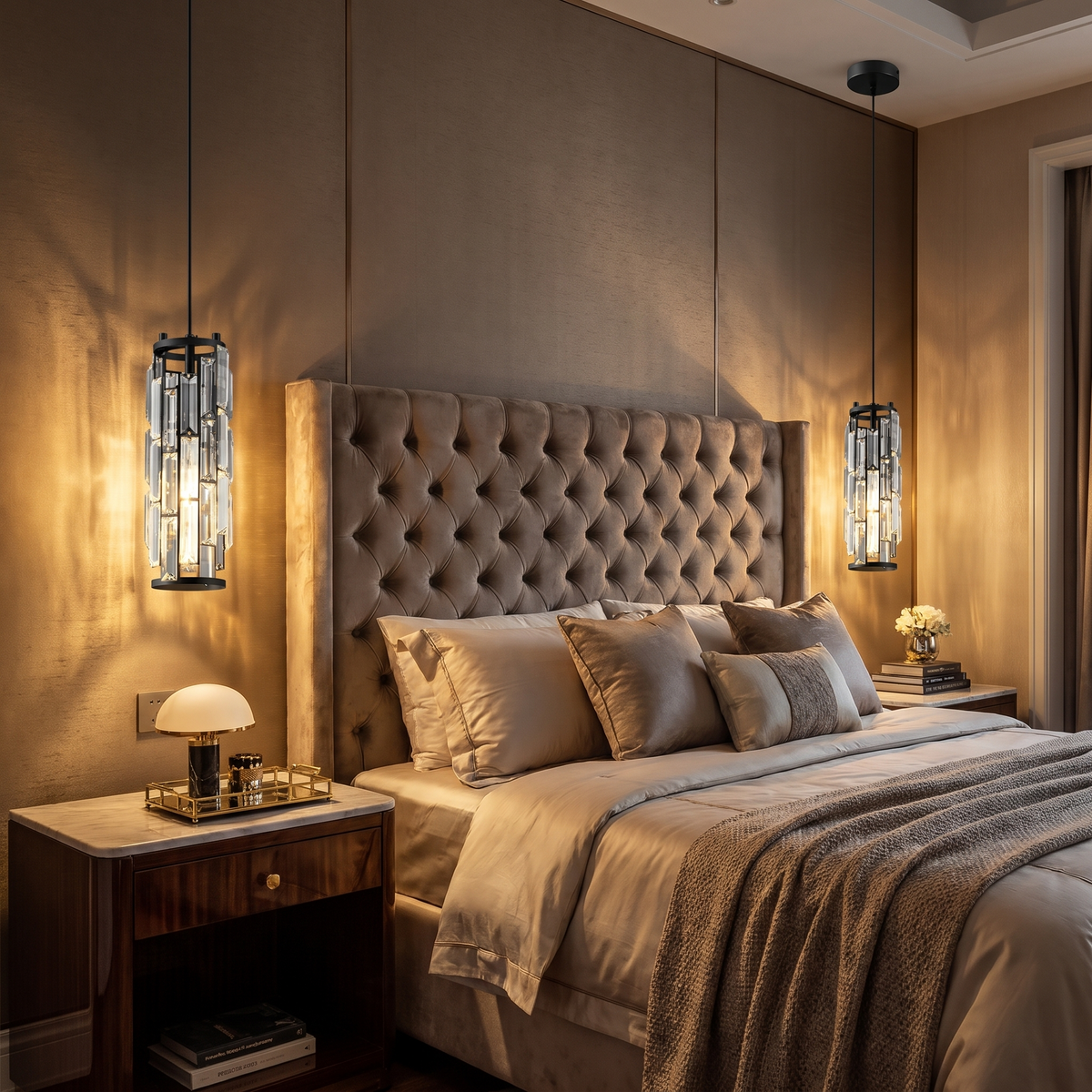 Vela mini crystal pendant light a pair hangs low on each side of a bed over the nightstands in a luxury hotel-style bedroom with a tufted headboard