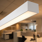 Grid commercial modular linear LED pendant light close-up detail lit up