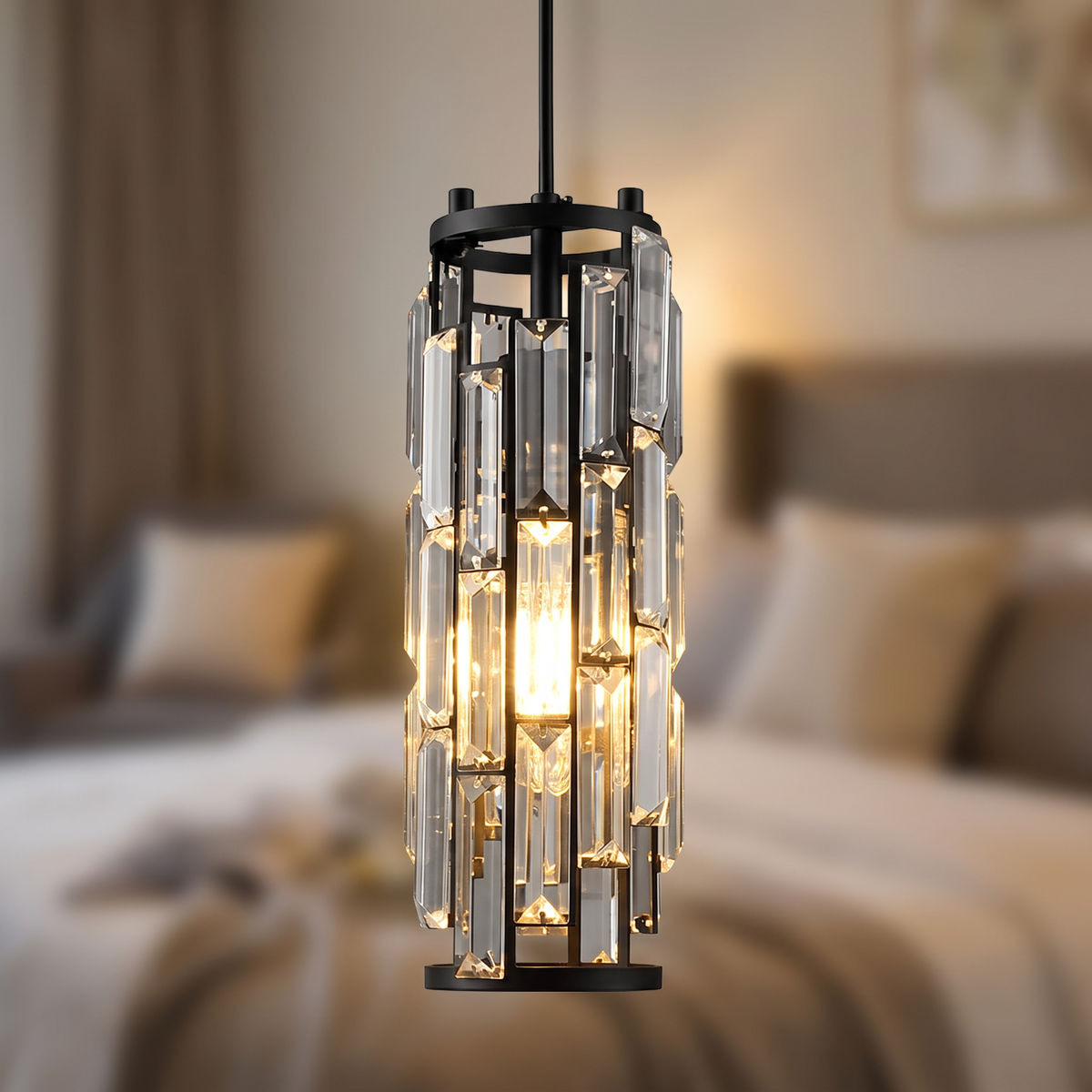 Vela mini crystal pendant light close-up detail lit up