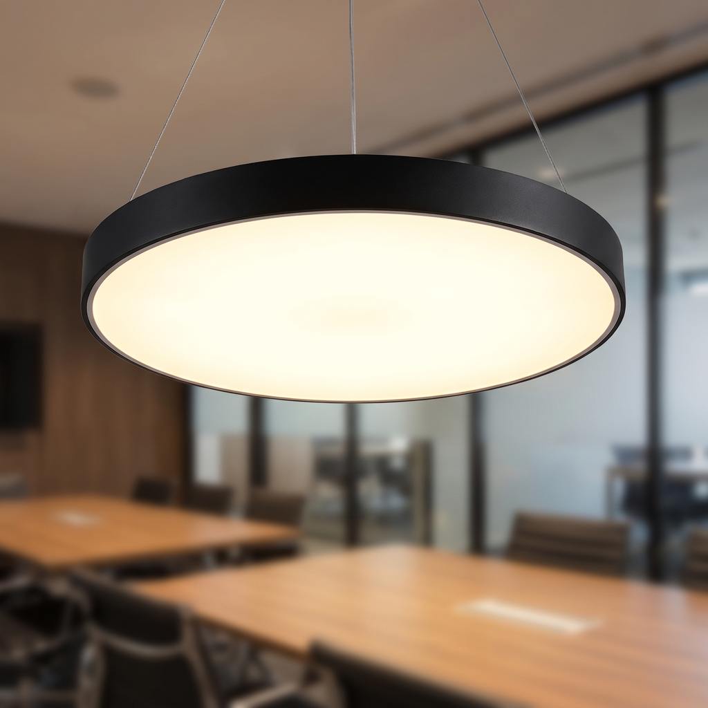 Orbis LED ring pendant light close-up detail lit up