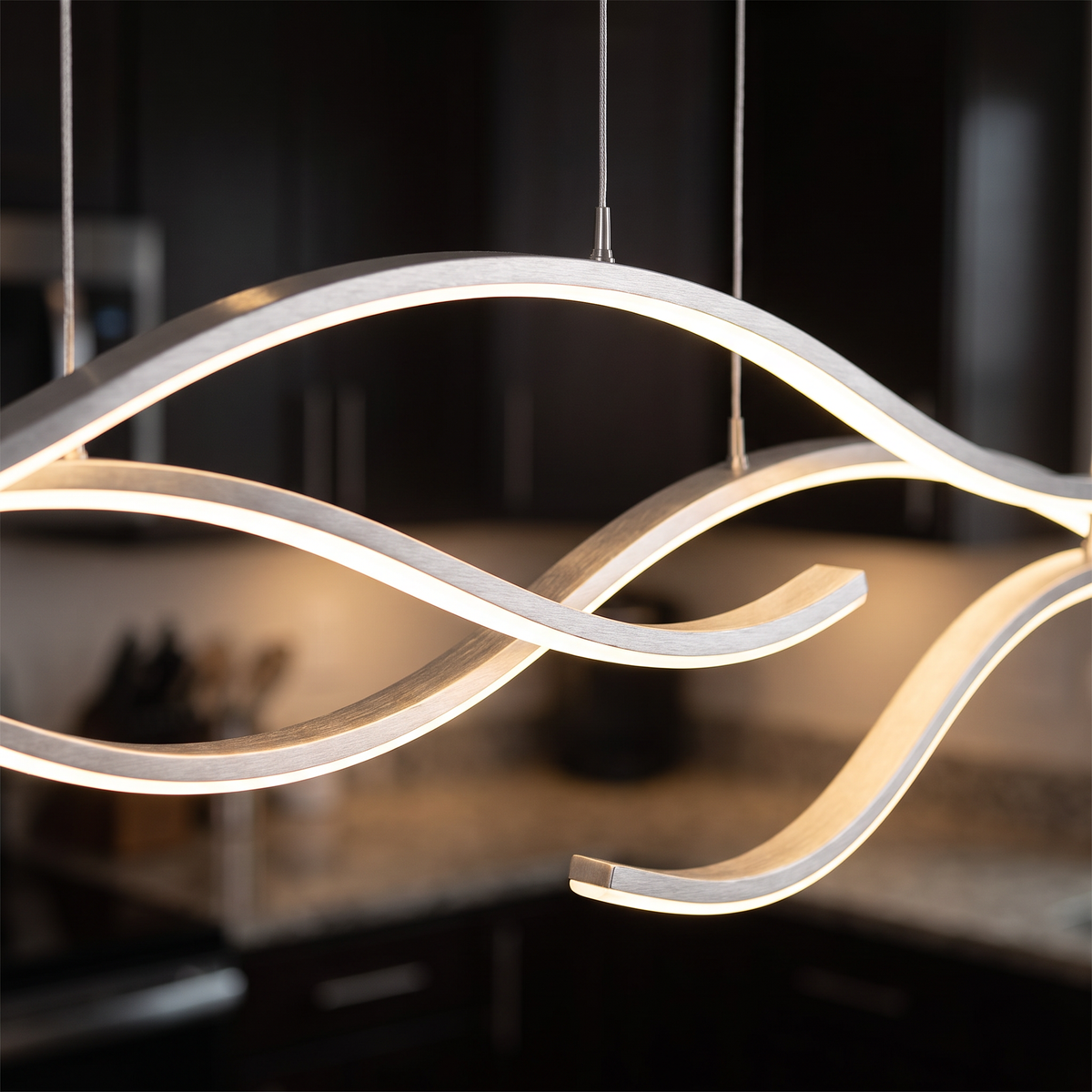 Onda wavy LED linear pendant light close-up detail lit up