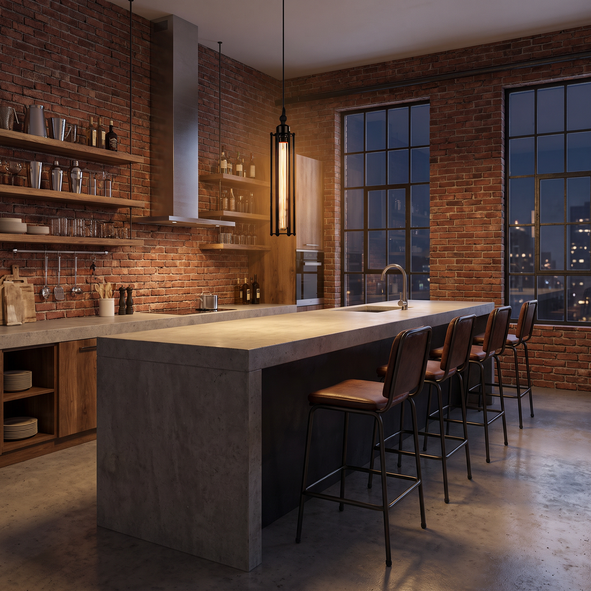 Forge industrial black iron and glass tube pendant light hangs over a bar counter in an industrial loft kitchen with exposed red brick