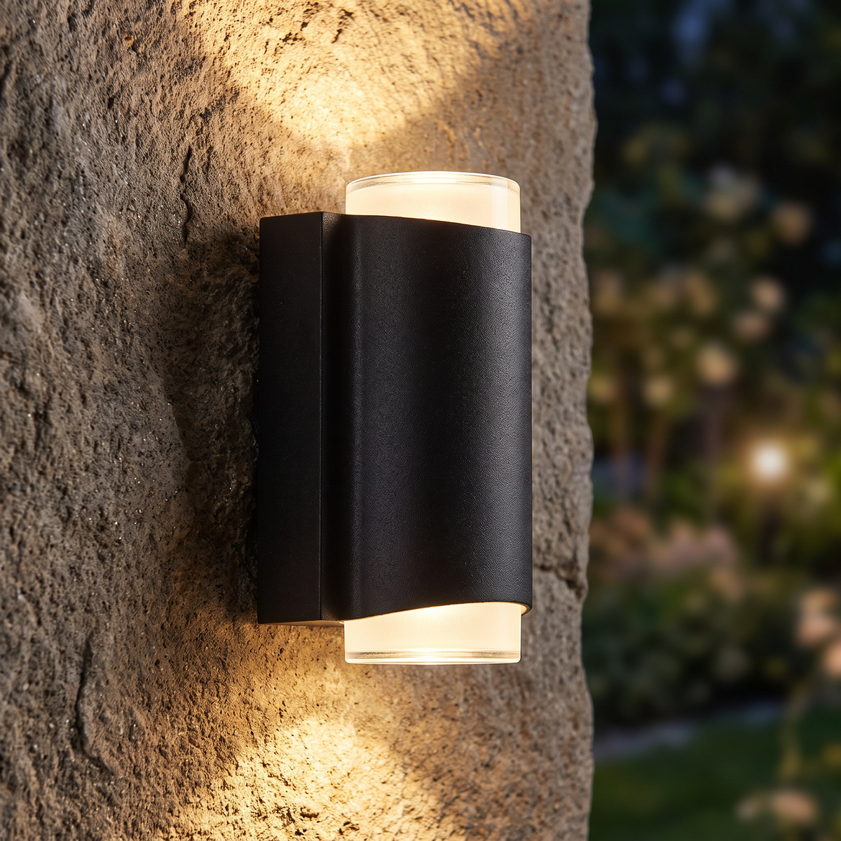 Rivo up-and-down outdoor wall light close-up detail lit up