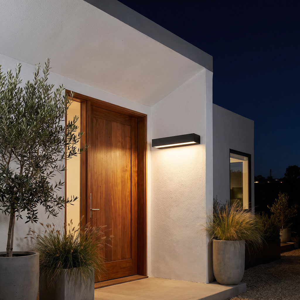 Strata linear LED outdoor wall light mounted beside the front door of a modern white stucco house with a wooden door and potted plants