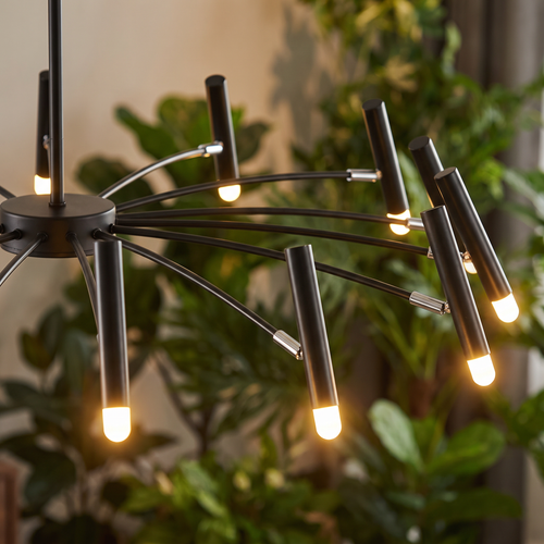 Branch adjustable sputnik LED chandelier close-up detail lit up