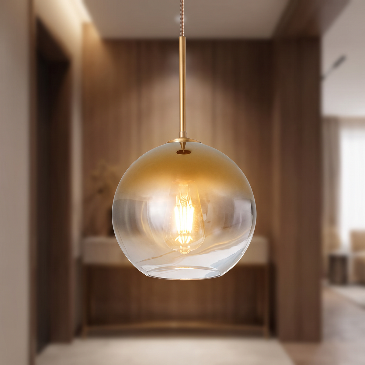 Bulle glass globe pendant light close-up detail lit up