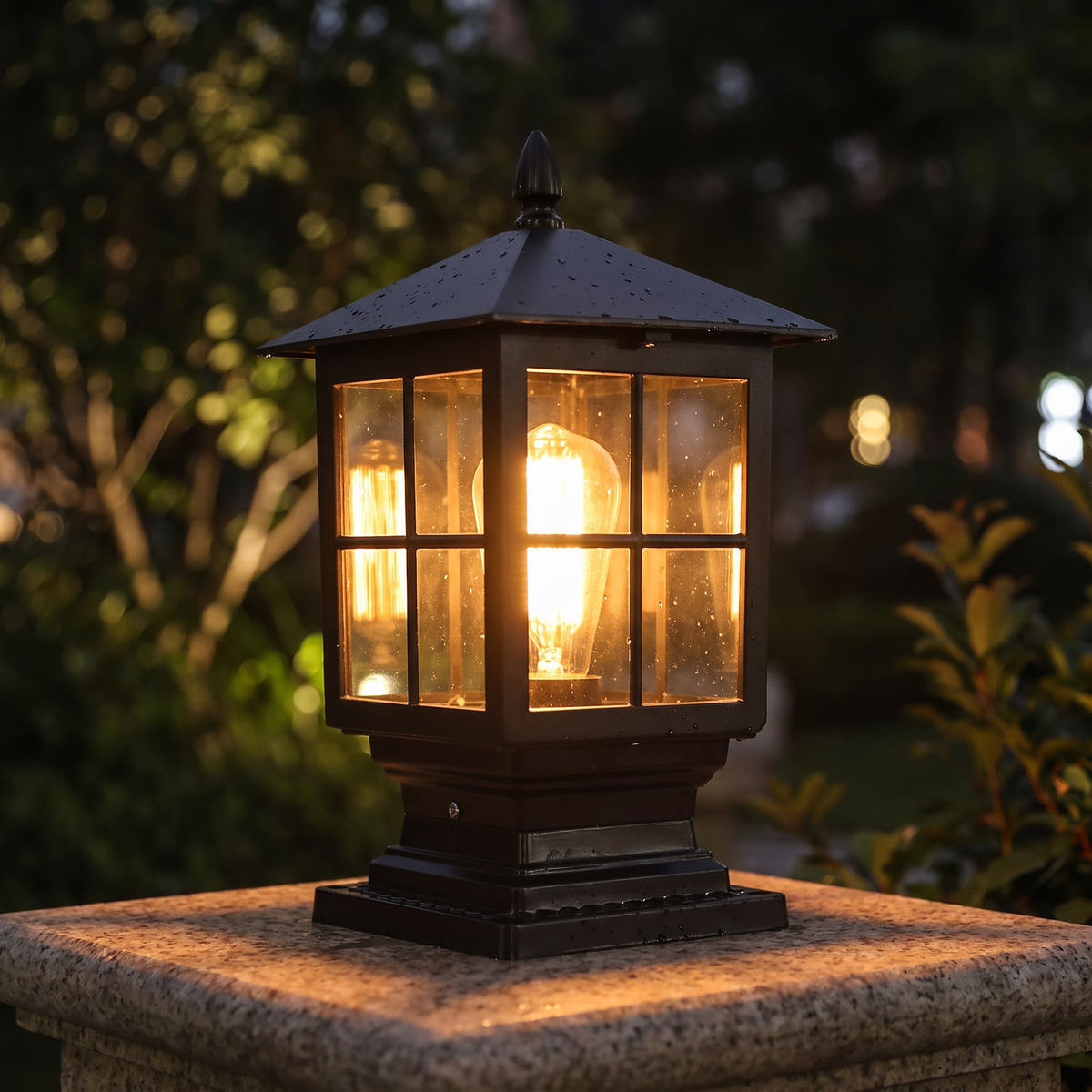 Corvin solar outdoor pillar cap light close-up detail lit up