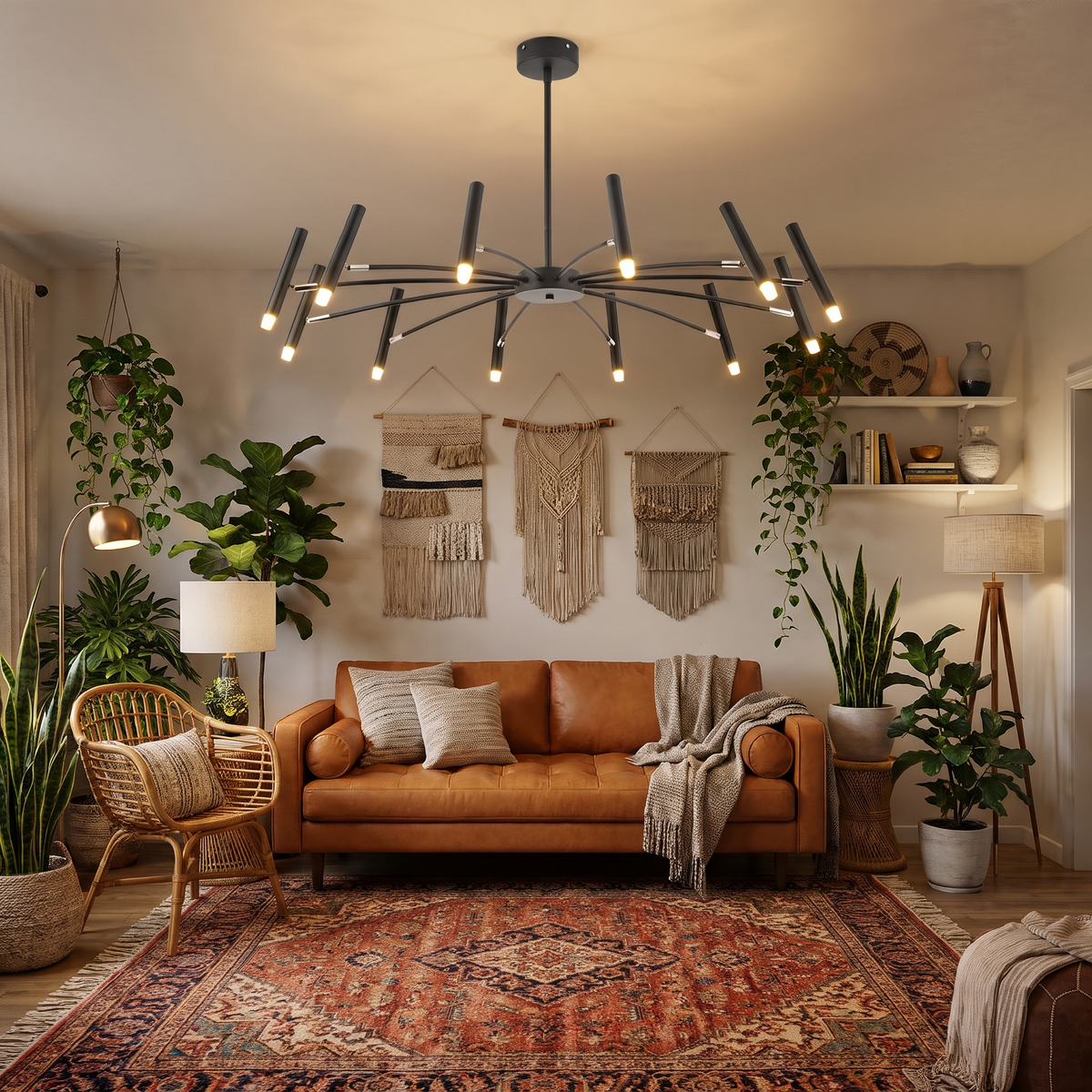 Branch adjustable sputnik LED chandelier hangs in an eclectic boho living room with lots of plants