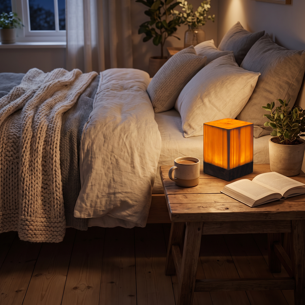Pine wood cube LED night light sits on a bedside table next to a book and a mug in a cozy Scandinavian bedroom with knitted throws