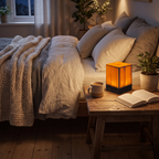 Pine wood cube LED night light sits on a bedside table next to a book and a mug in a cozy Scandinavian bedroom with knitted throws