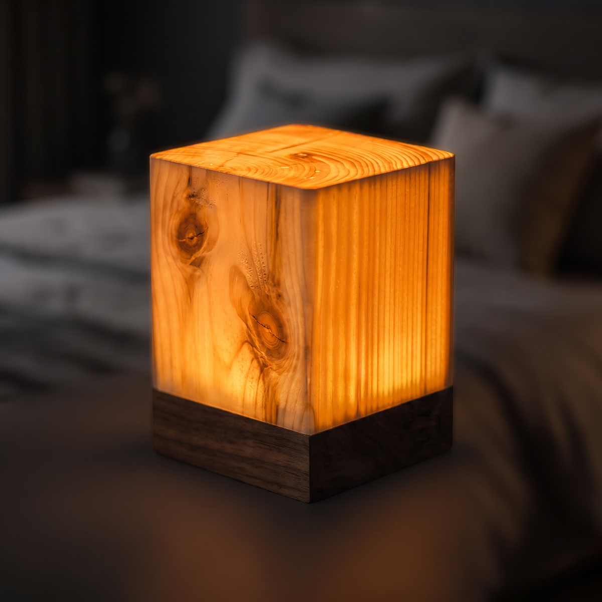 Pine wood cube LED night light close-up detail lit up
