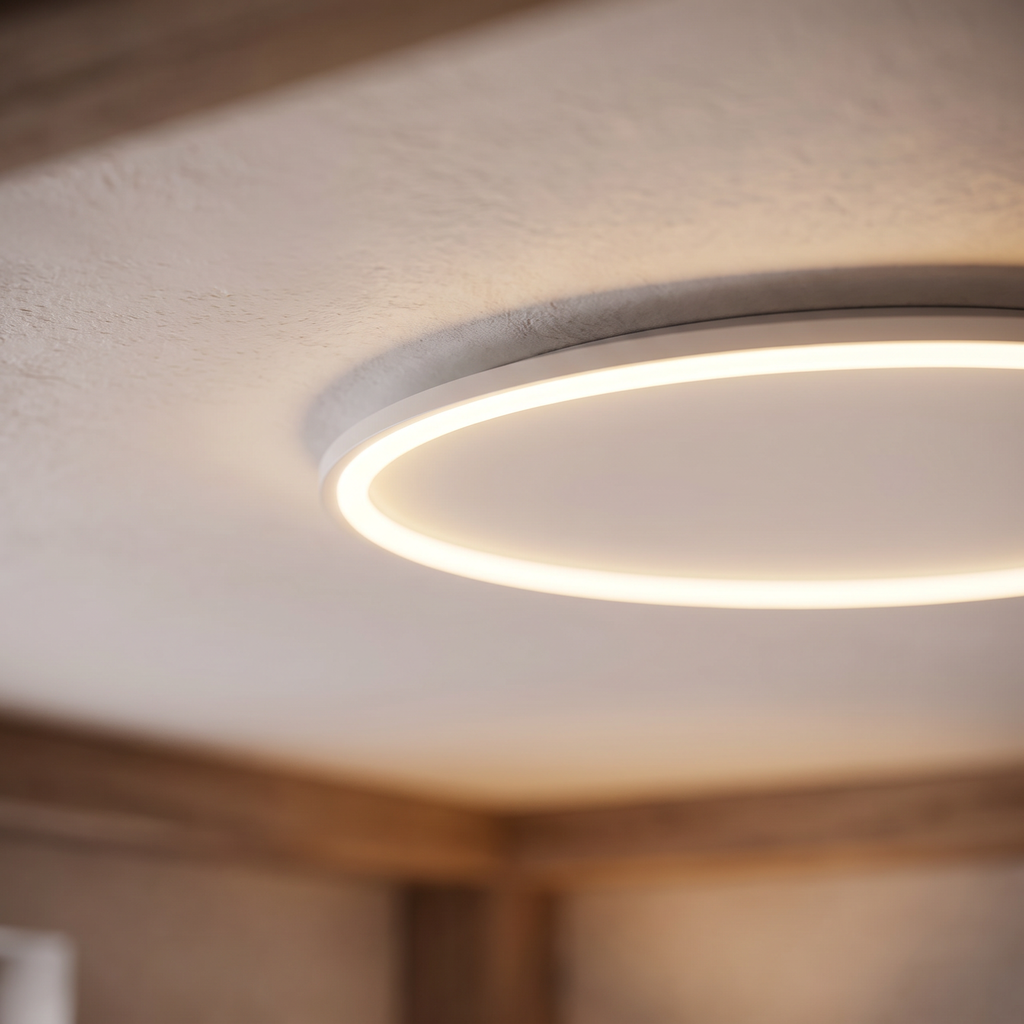 Circa circle acrylic LED flush mount ceiling light close-up detail lit up