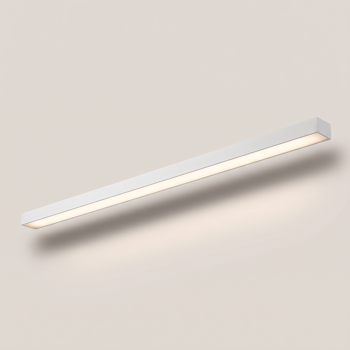 Stria white linear LED bar ceiling light angled view with soft shadow