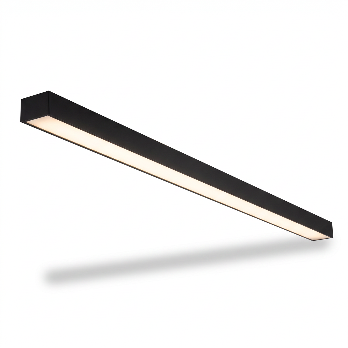 Stria black linear LED bar ceiling light angled view with soft shadow