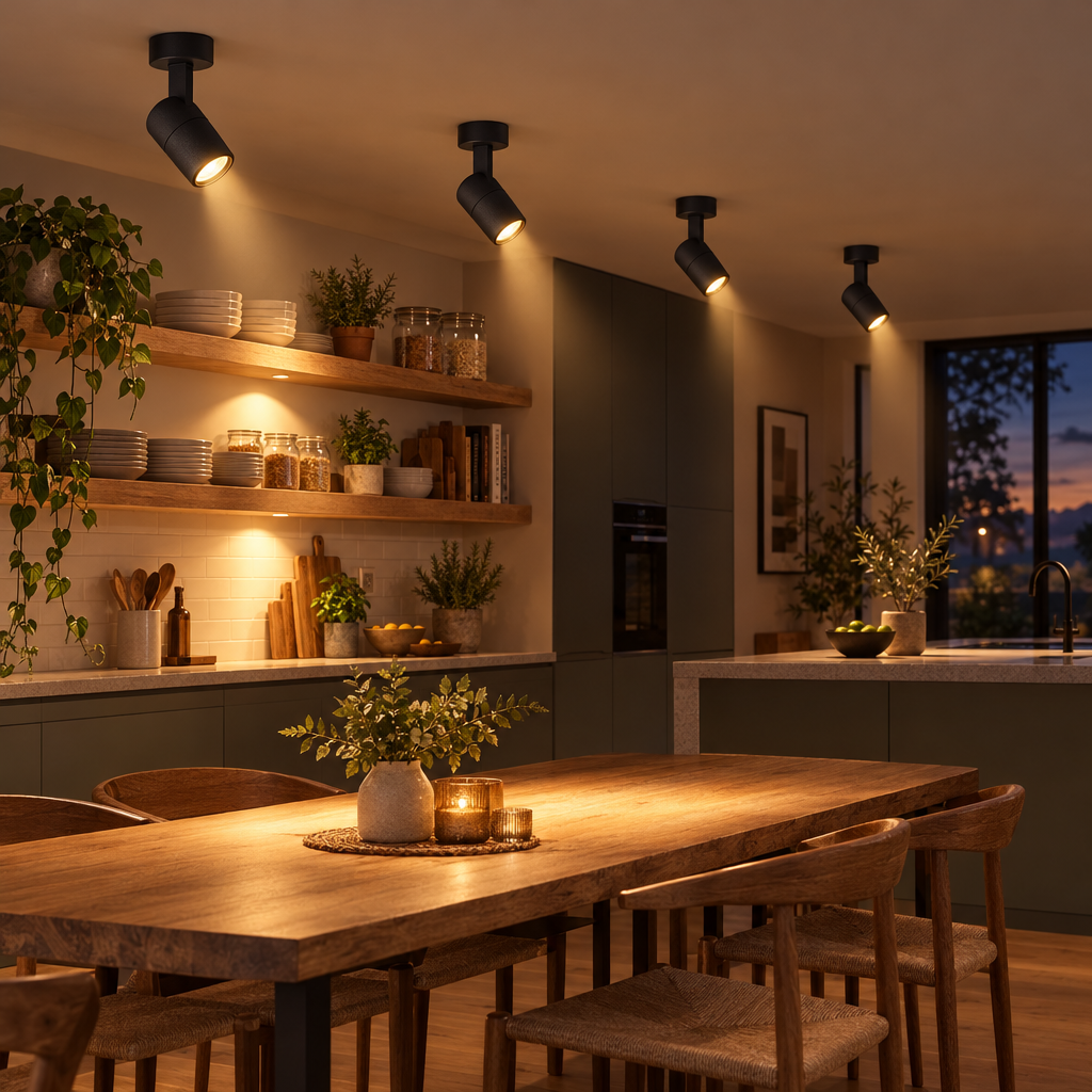 Focus narrow beam LED spotlights aimed at a dining table and kitchen shelves