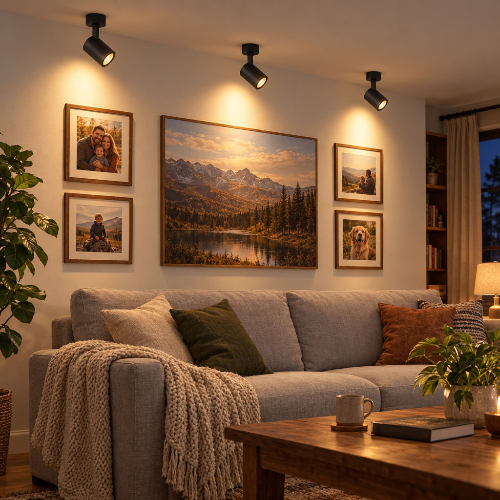 Black Focus adjustable LED spotlights on a living room ceiling lighting framed photos above a sofa