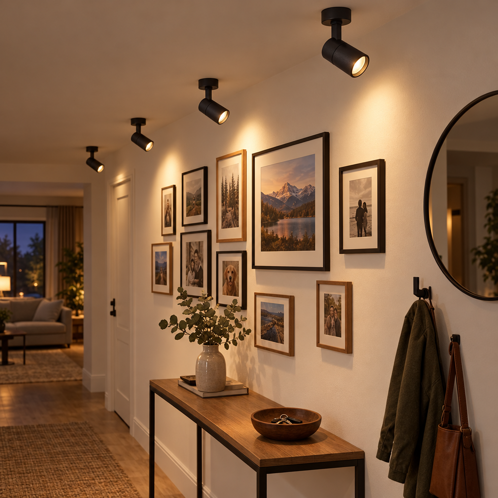Focus surface mount spotlights lighting family photos in a home entryway