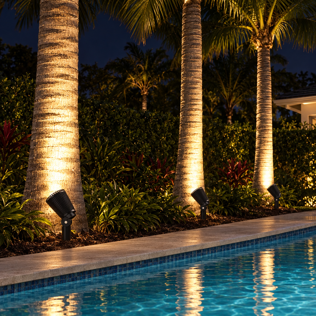 Solis solar spotlights lighting palm trees beside a pool