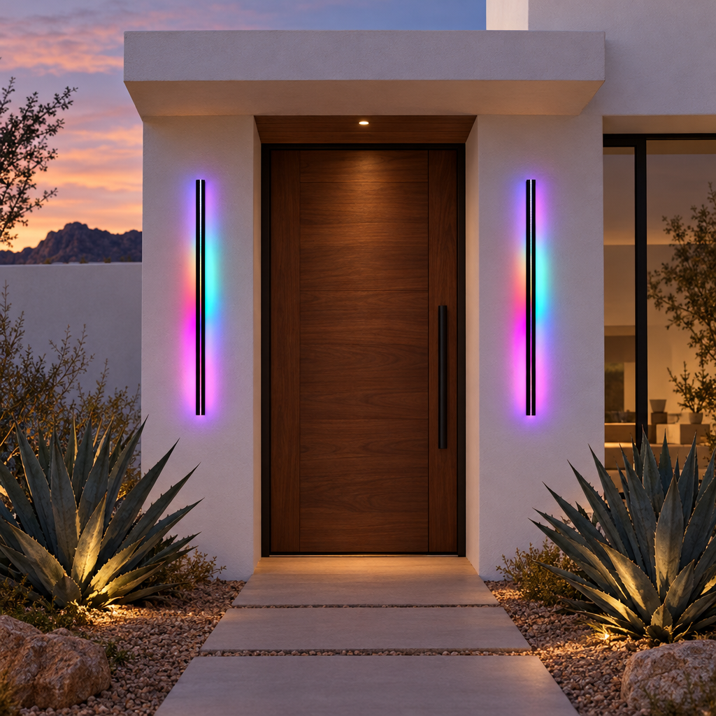 Lineo linear wall lights flanking the front door of a modern desert home