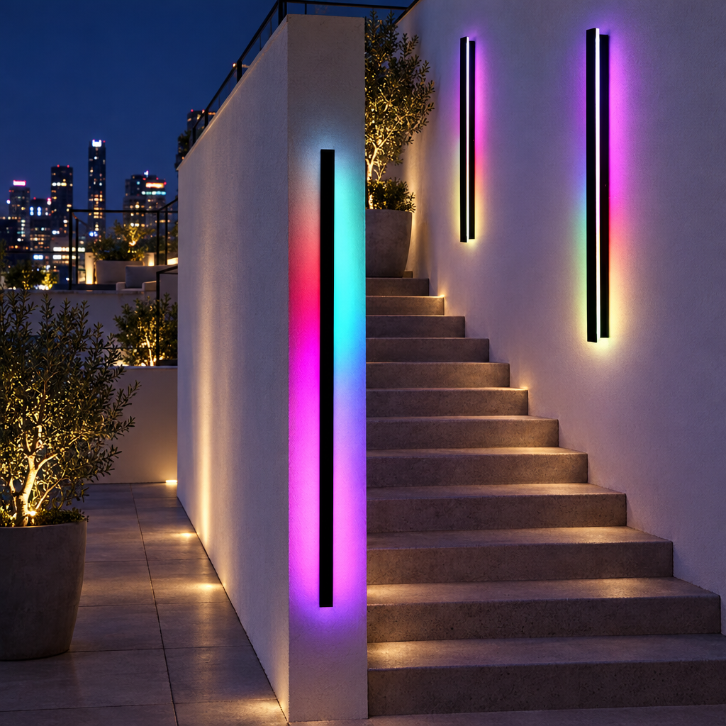 Lineo linear wall lights along a rooftop terrace stairway