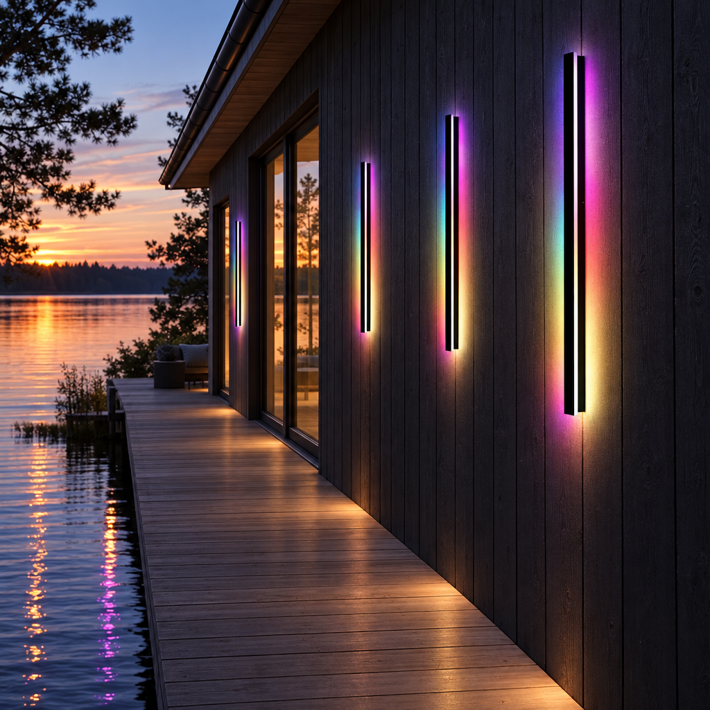 Lineo linear wall lights on a lake cabin deck