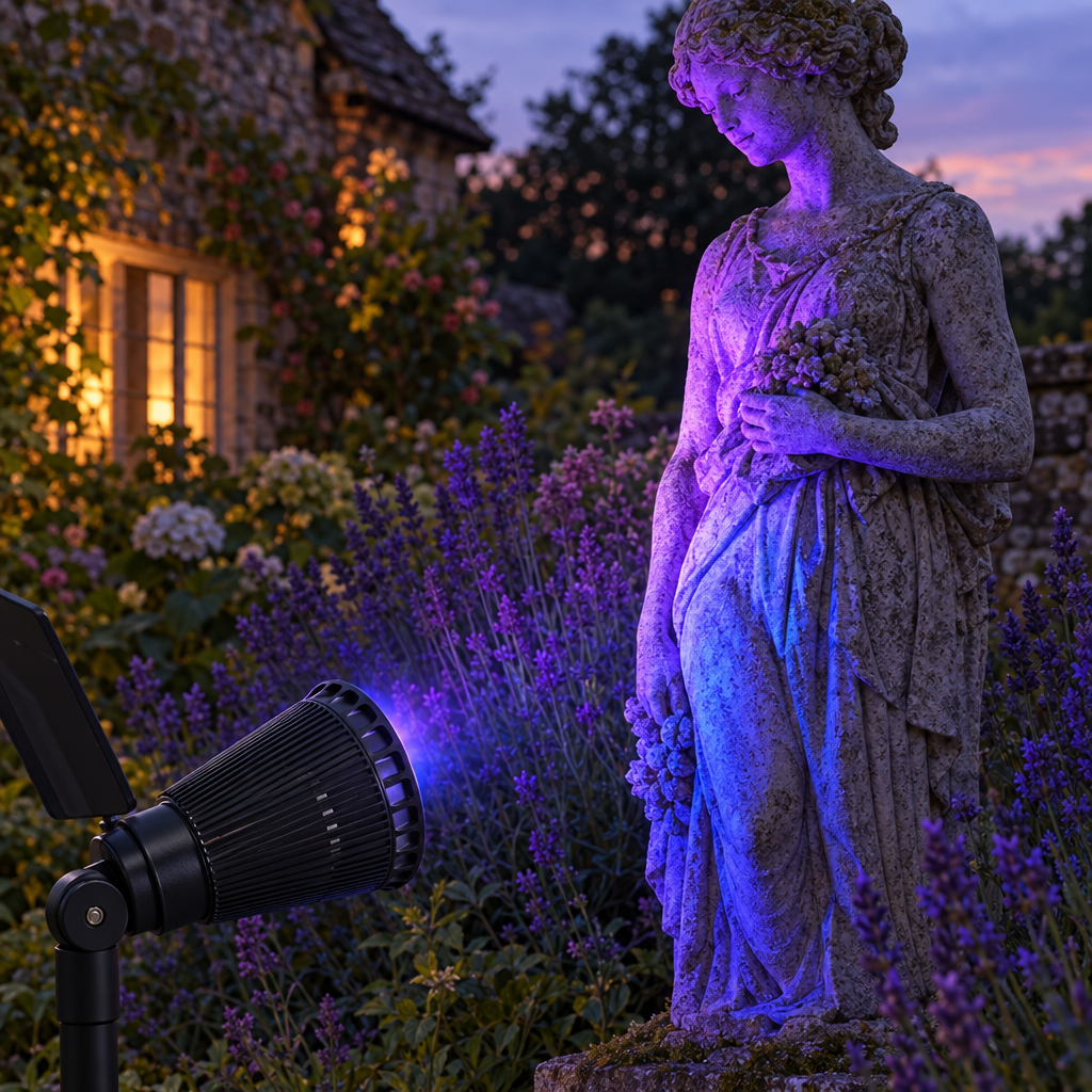 Solis RGB solar spotlight on a garden statue among lavender