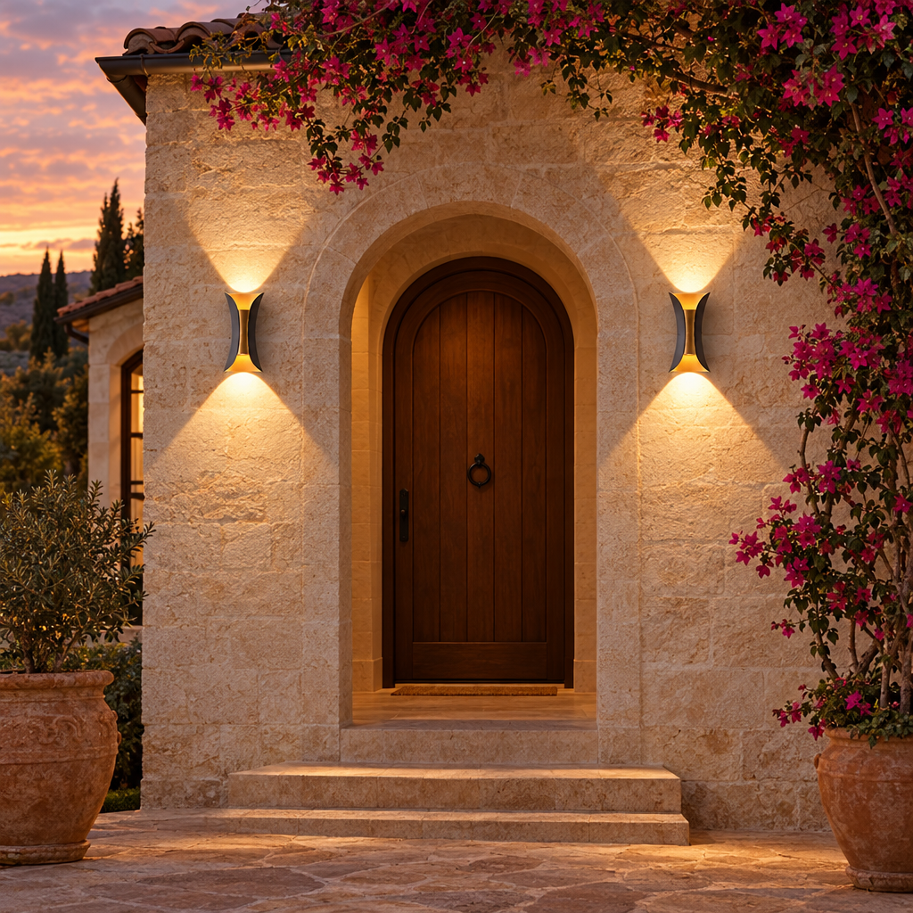 Curva up-down wall sconces at the arched entry of a Mediterranean villa