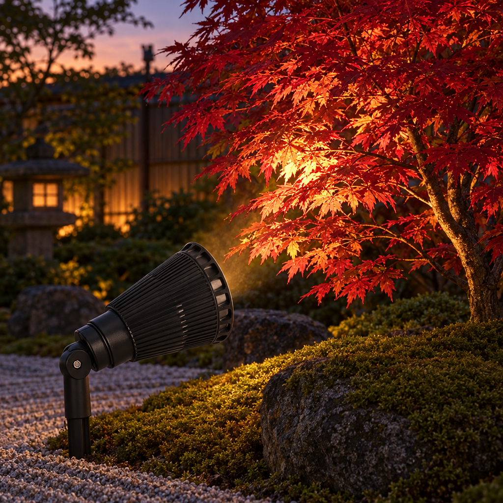 Solis solar spotlight uplighting a Japanese maple in a Japanese garden