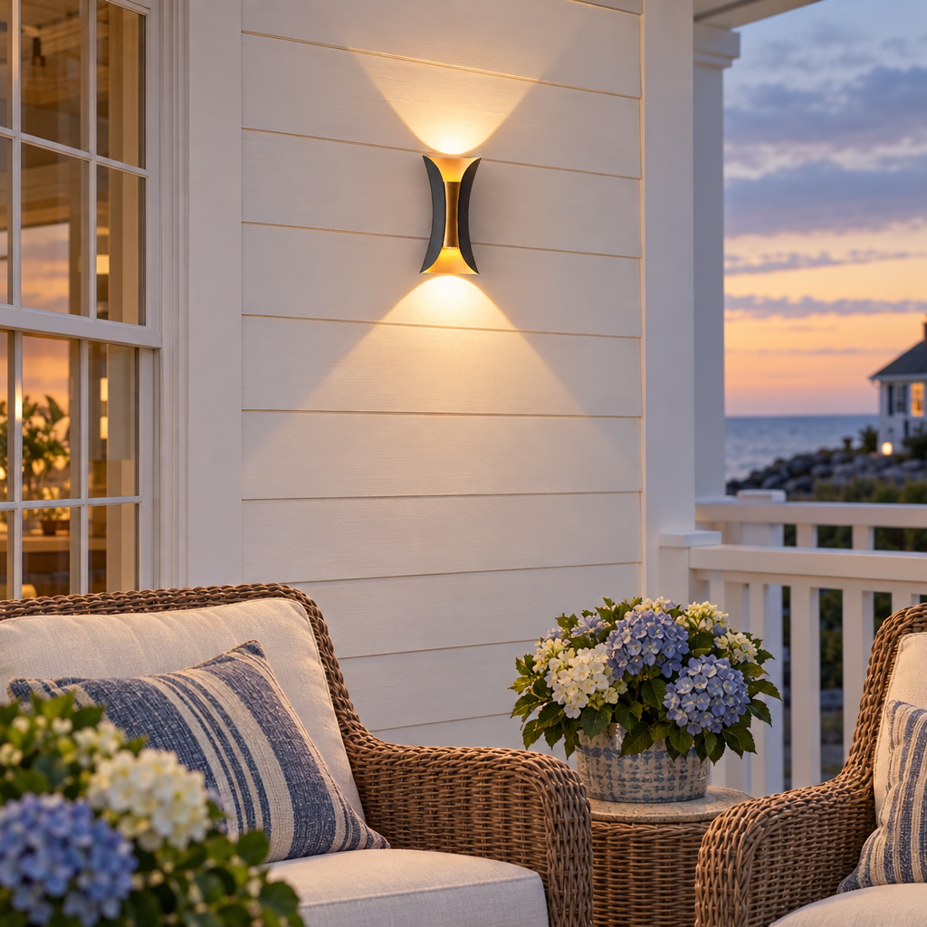 Curva up-down wall sconce on a coastal beach house porch