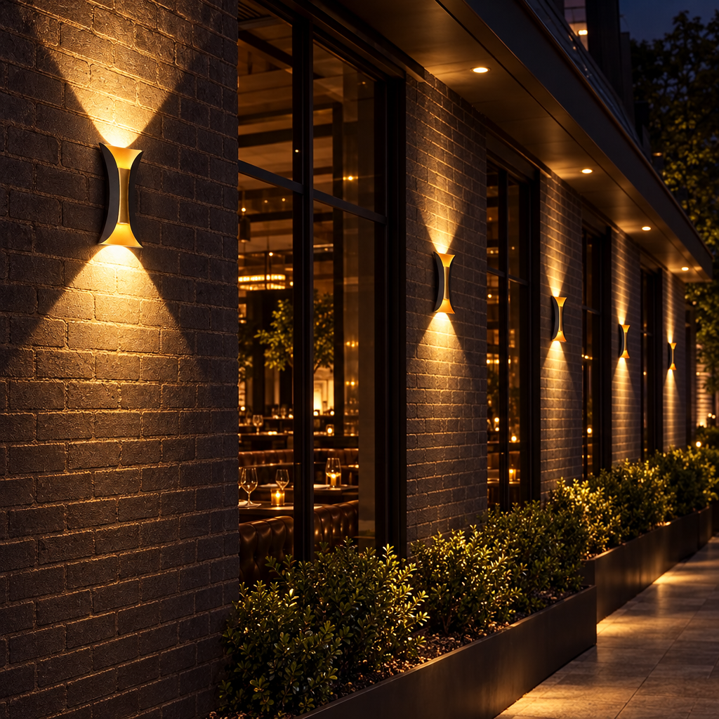 Curva up-down wall sconces on a steakhouse brick exterior