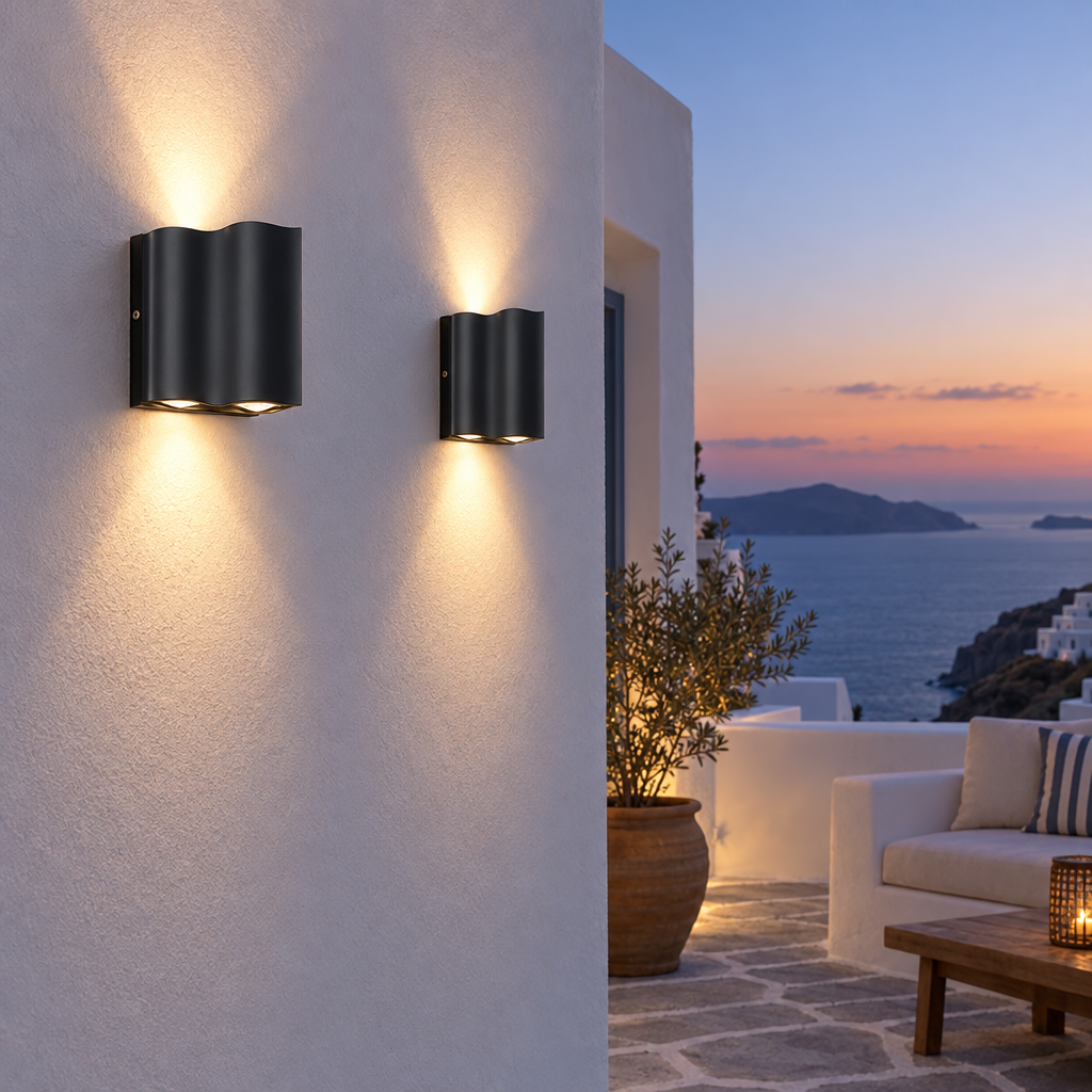 Ondina wavy up-down wall lights on a Greek island villa terrace