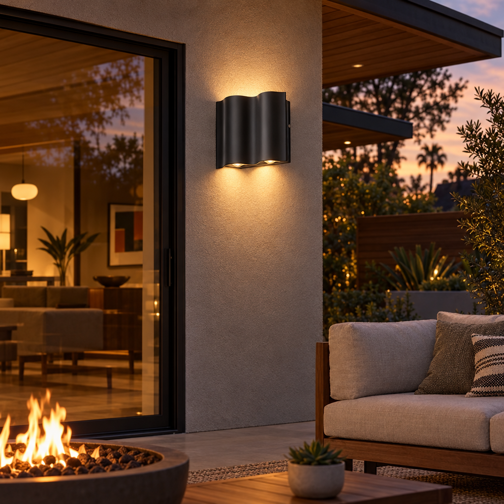 Ondina wall light beside a patio door with fire pit