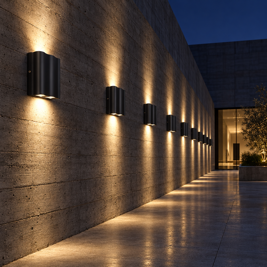 Ondina wall lights along a museum courtyard concrete wall