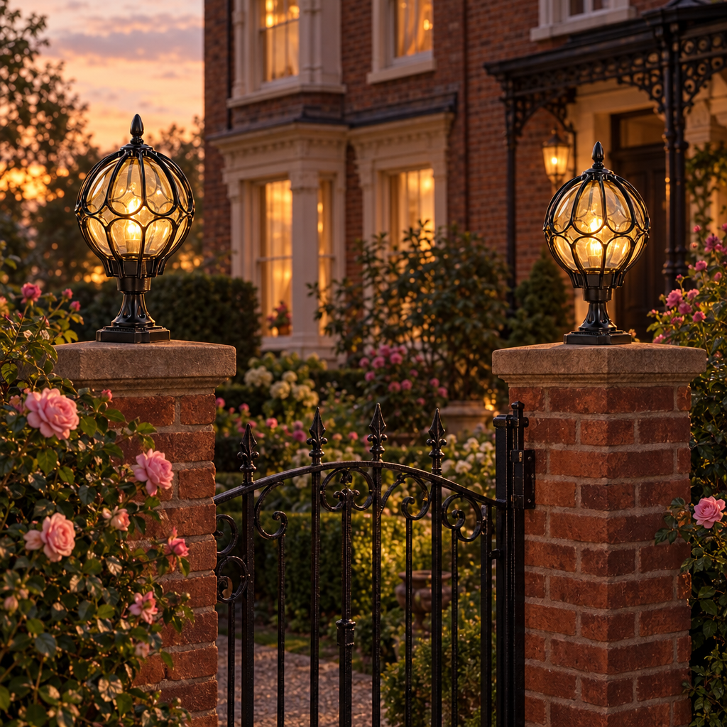 Orbe globe pillar lamps at a Victorian garden gate