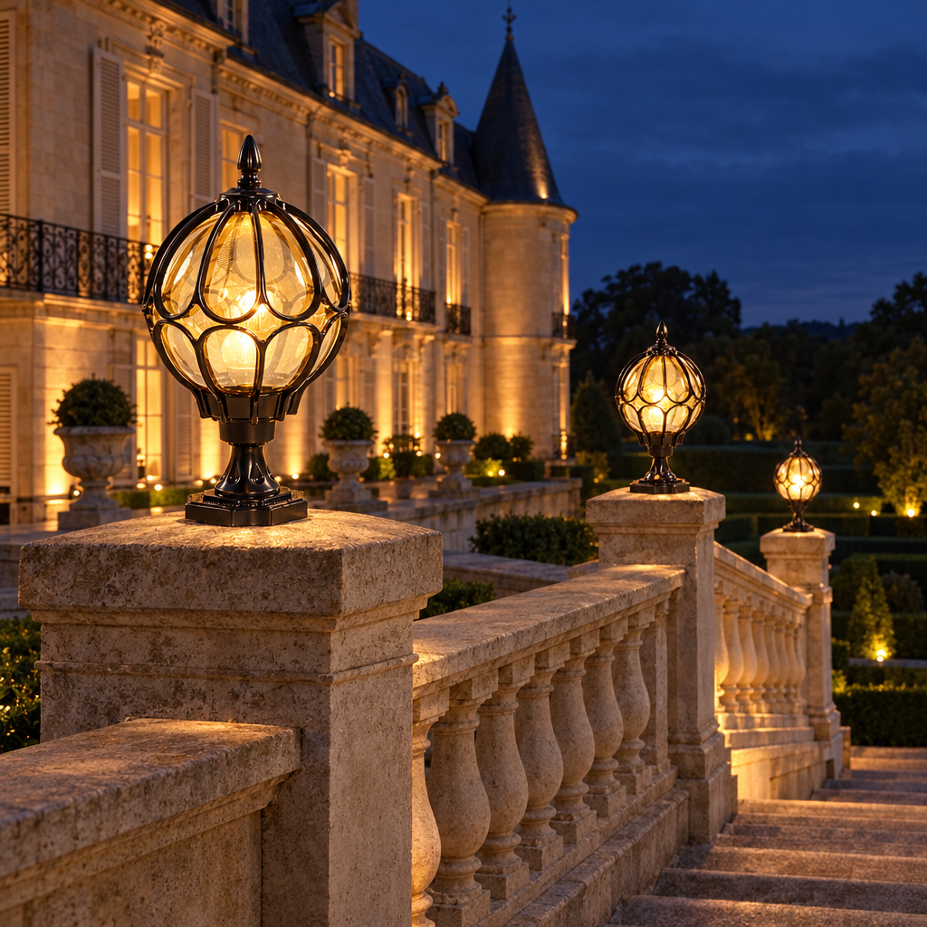 Orbe globe pillar lamps on a chateau terrace staircase