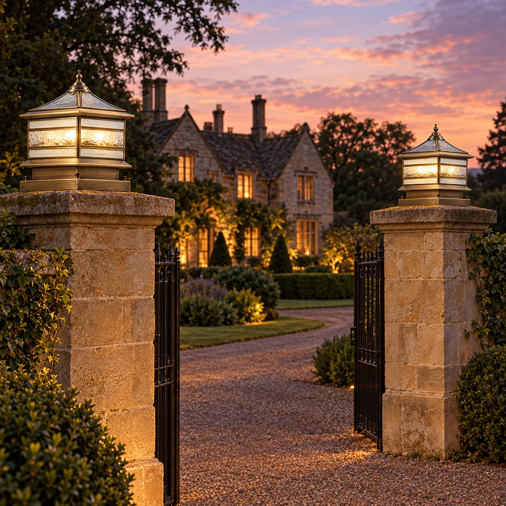 Aurum brass pillar lights on manor gate piers