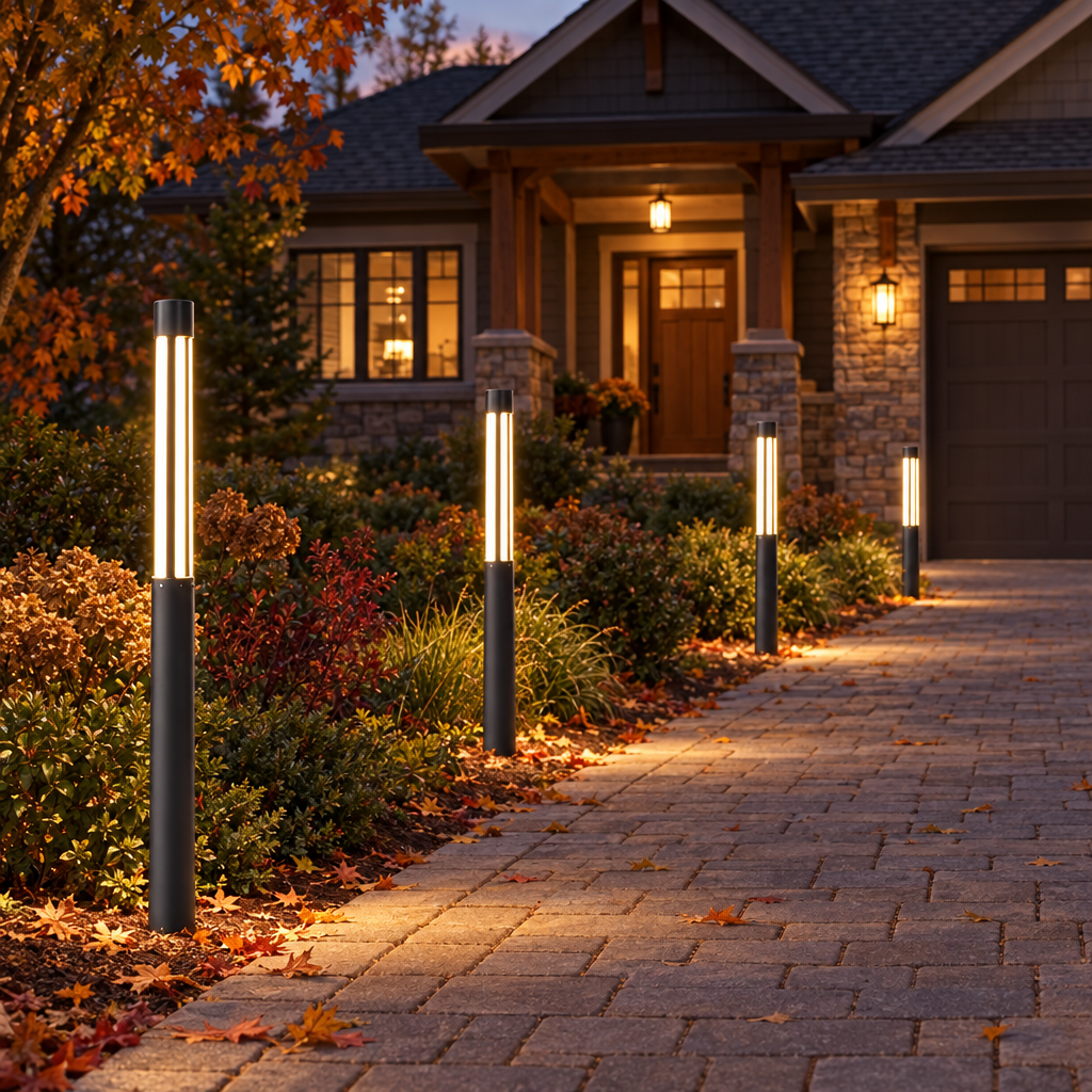 Columna bollard lights beside a craftsman home driveway