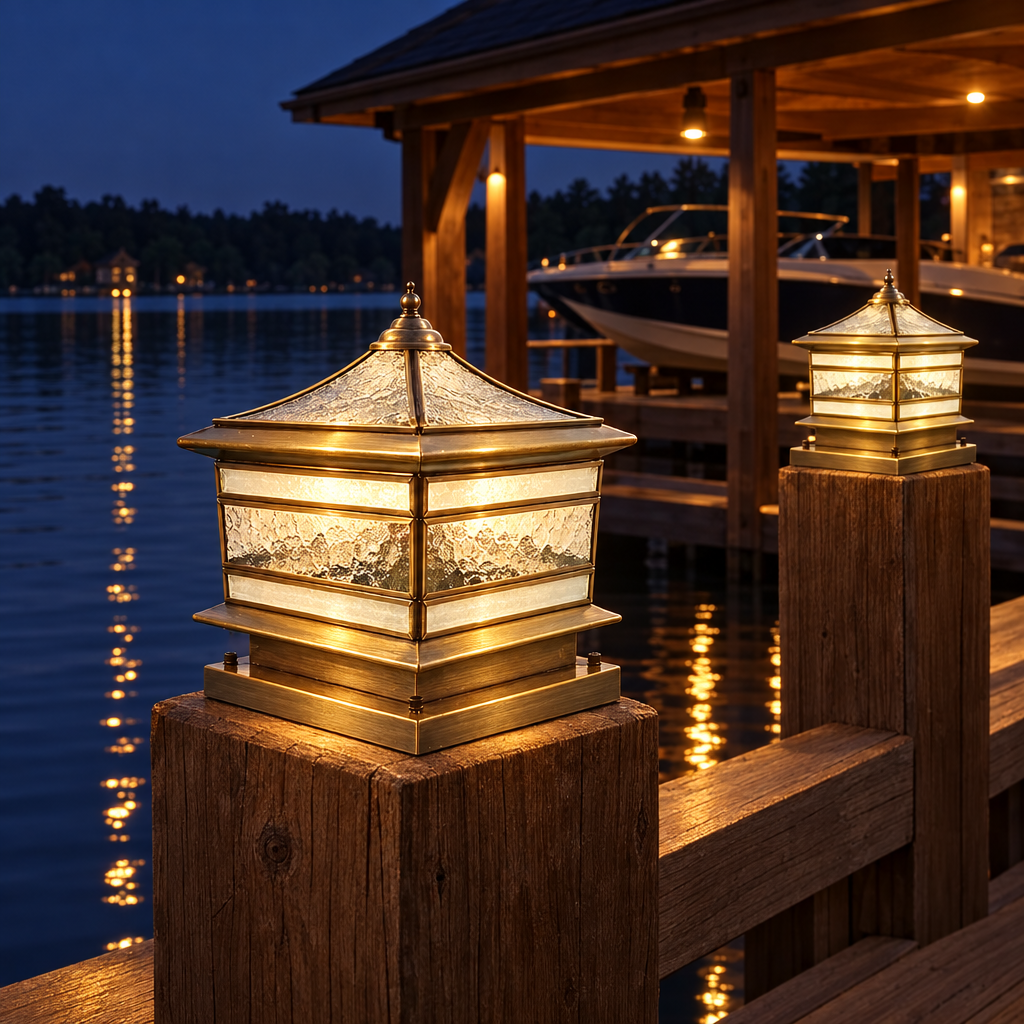 Aurum brass pillar lights on lakeside dock posts