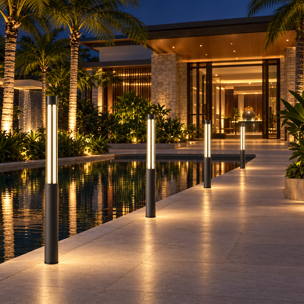 Columna bollard lights at a resort spa entrance