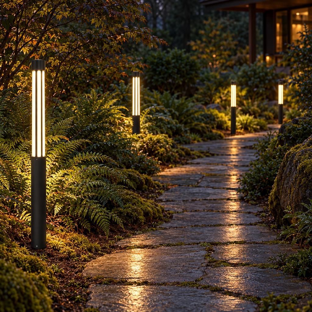 Columna bollard lights along a flagstone path in a fern garden