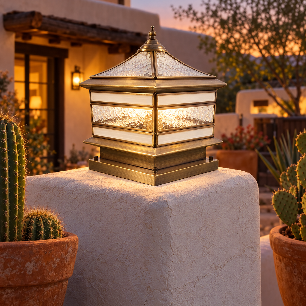 Aurum brass pillar light in a Santa Fe courtyard