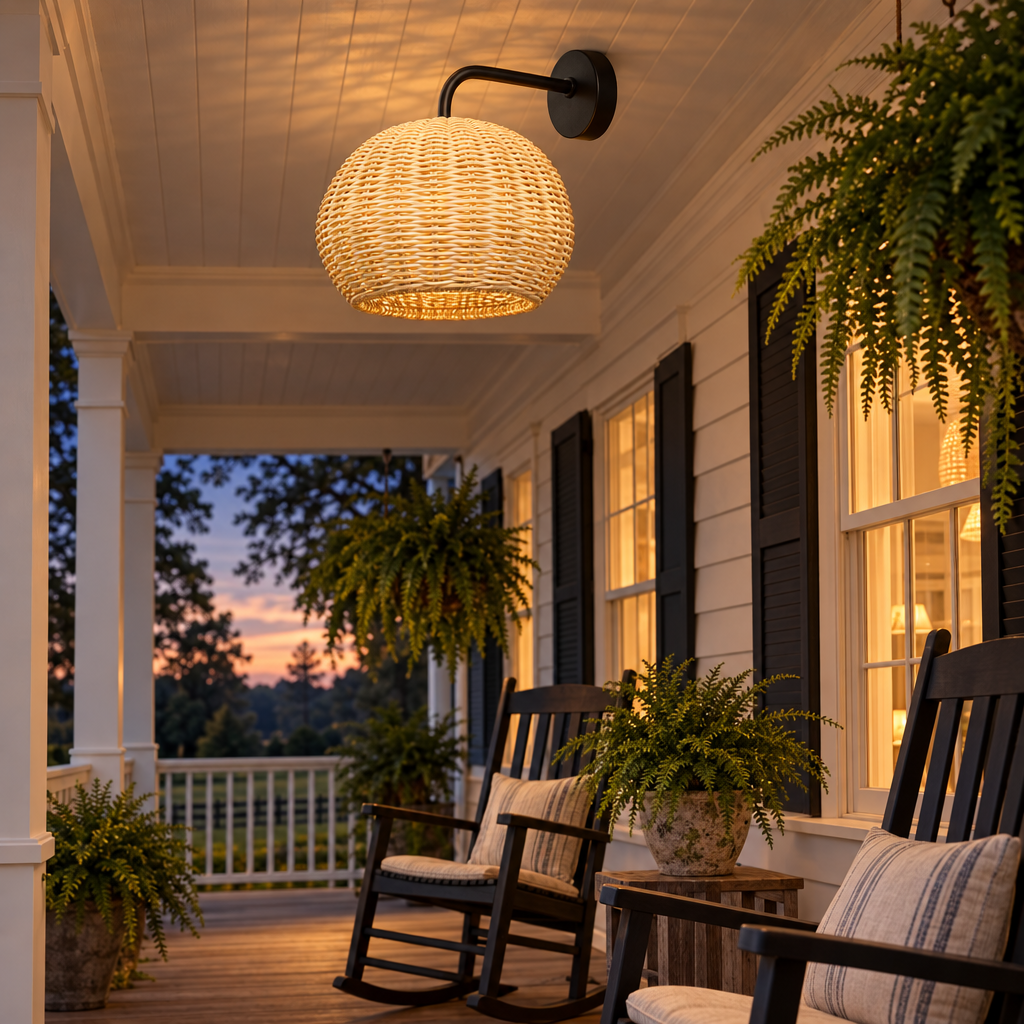 Nido rattan pendant on a farmhouse porch