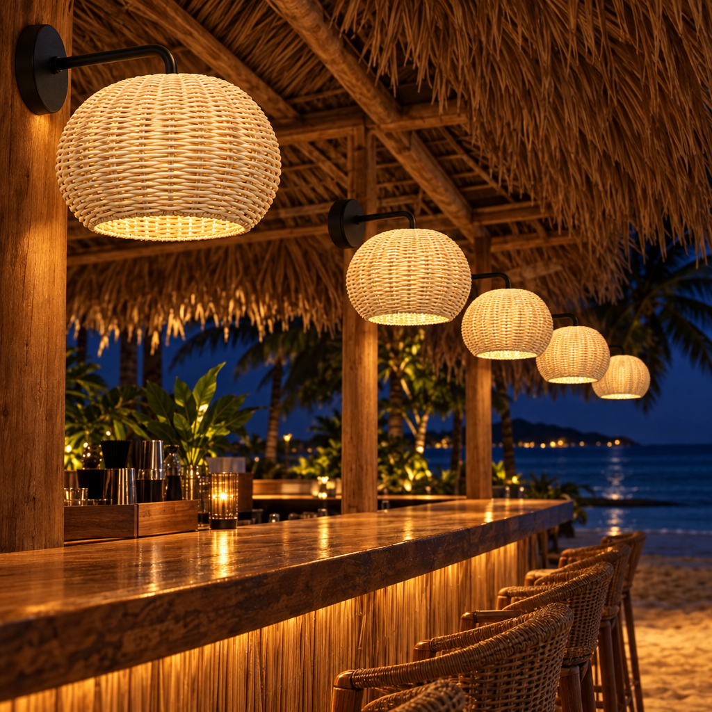 Nido rattan pendants over a beach bar counter