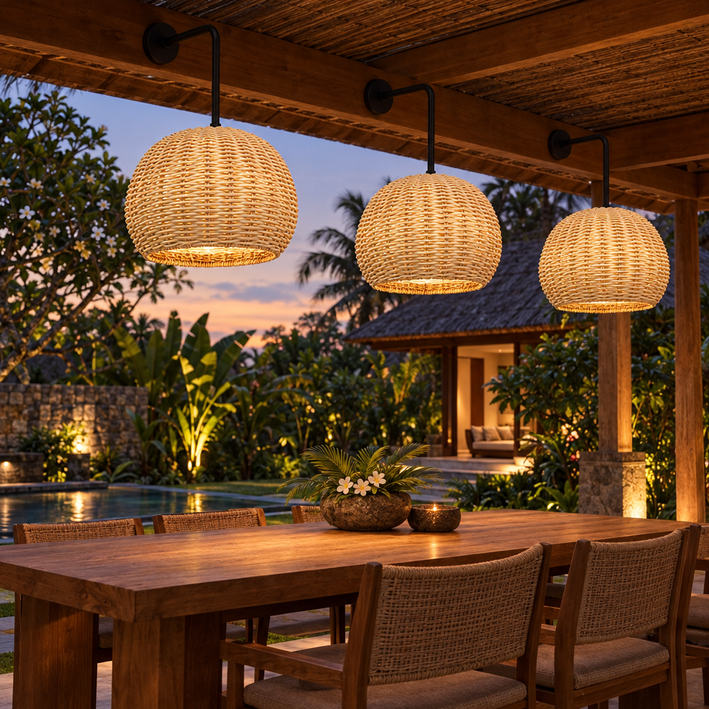 Nido rattan pendants over a pergola dining table in a Bali villa garden