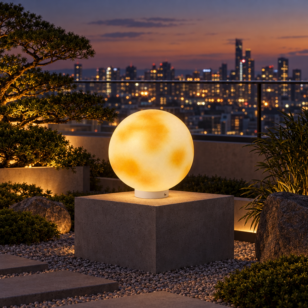 Lunetta moon pillar light in a zen rooftop garden