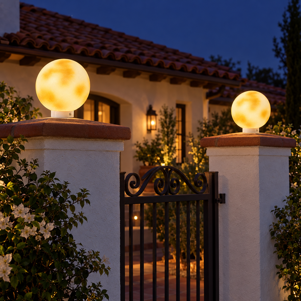 Lunetta moon pillar lights on Spanish-style gate posts