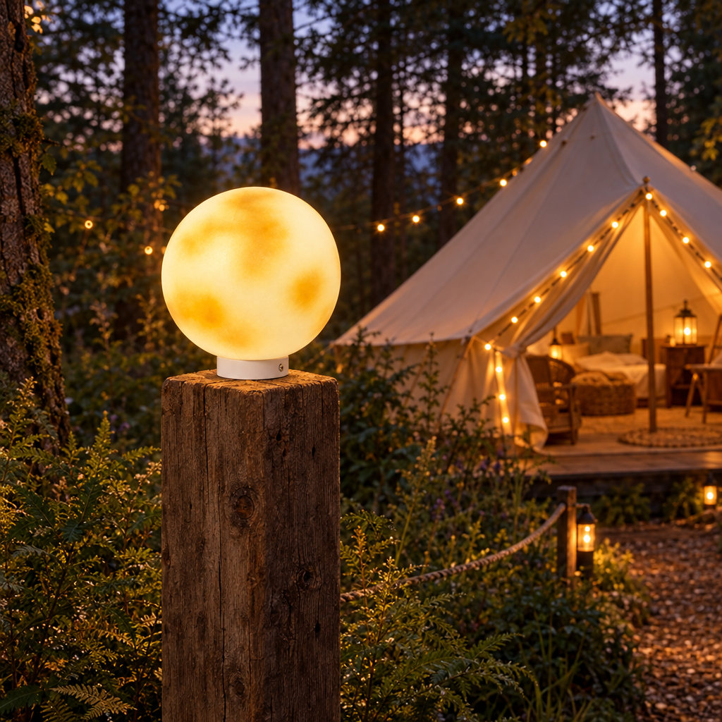 Lunetta moon pillar light at a forest glamping site