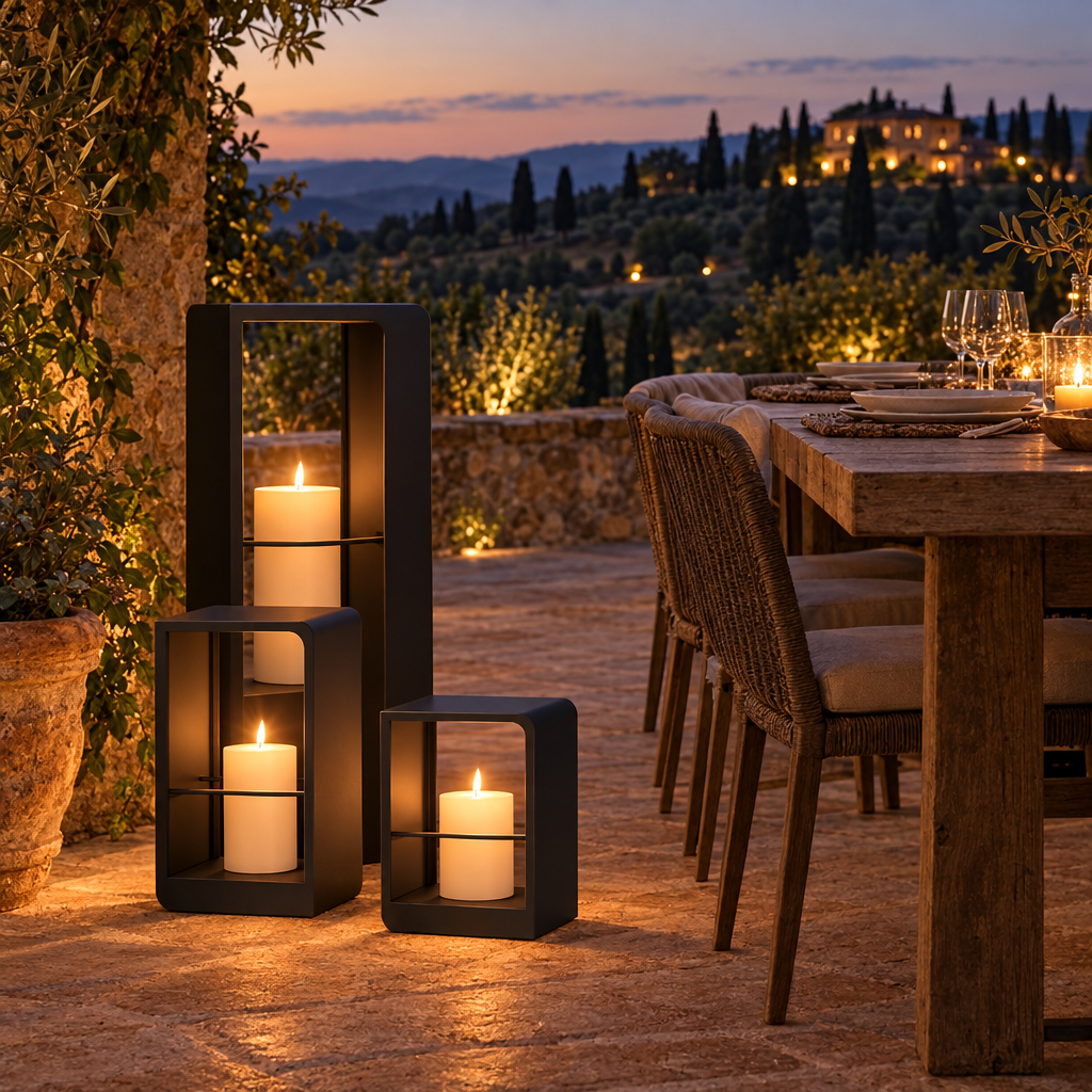 Nord lanterns beside an outdoor dining table on a Tuscan terrace