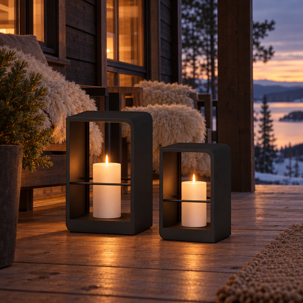Nord lanterns on a Scandinavian cabin porch