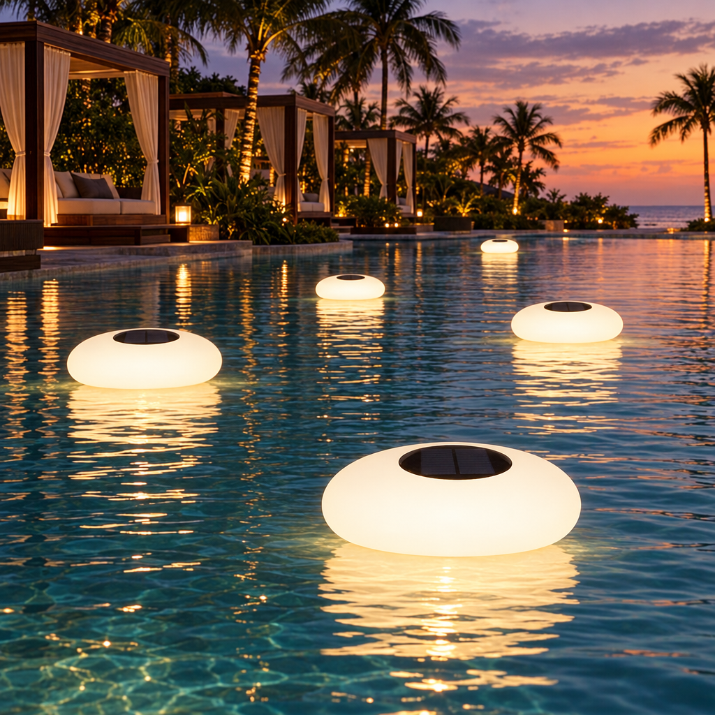 Isla floating orb lights on a resort lagoon pool